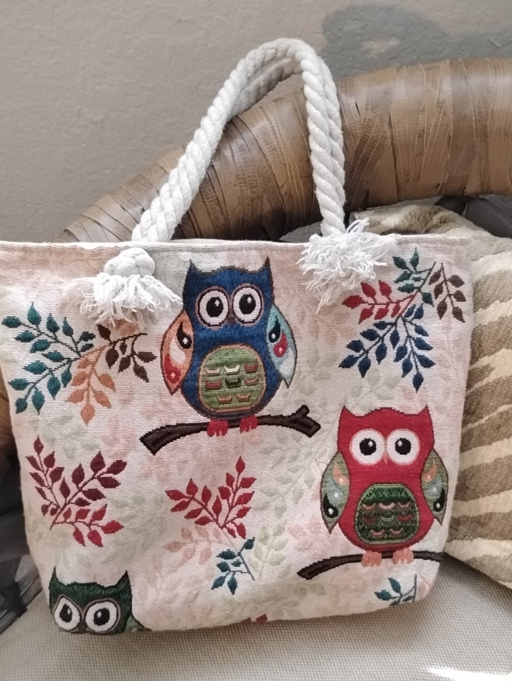 Canvas Owl Embroidered Tote Bag - Multicolor